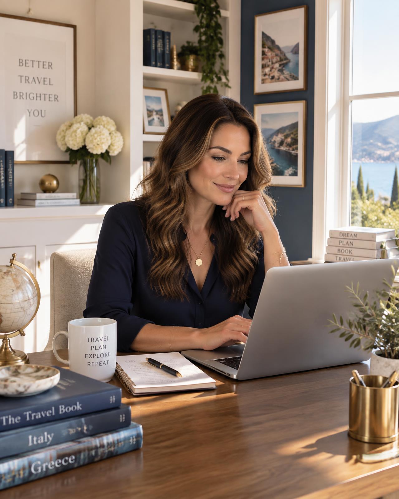 Travel advisor working at a desk in a sunlit home study