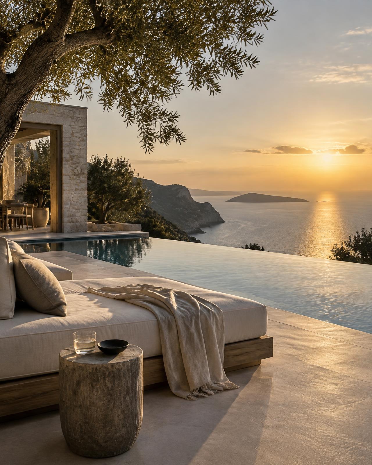 Private terrace at a luxury villa overlooking the sea at golden hour